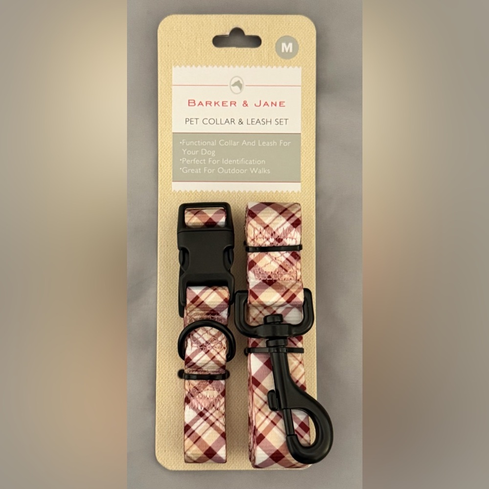 Plaid Dog Collar and Leash Set - Red and White